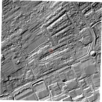 Shaded relief map of the ground around HA40PQ, computed from Environment Agency LiDAR. The ground here sits at about 35 m above sea level and falls 6 m across the surrounding 800 m. Surface water reaching this point runs off ground lying to the north-north-east, 4.7 m higher.