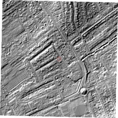 Shaded relief map of the ground around HA40PR, computed from Environment Agency LiDAR. The ground here sits at about 36 m above sea level and falls 8 m across the surrounding 800 m. Surface water reaching this point runs off ground lying to the north, 2.6 m higher.