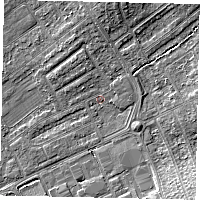 Shaded relief map of the ground around HA40PU, computed from Environment Agency LiDAR. The ground here sits at about 35 m above sea level and falls 8 m across the surrounding 800 m. Surface water reaching this point runs off ground lying to the north, 3.8 m higher.