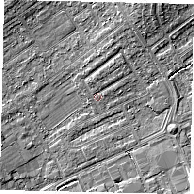 Shaded relief map of the ground around HA40PW, computed from Environment Agency LiDAR. The ground here sits at about 36 m above sea level and falls 7 m across the surrounding 800 m. Surface water reaching this point runs off ground lying to the north-north-east, 2.6 m higher.