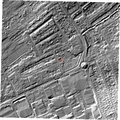 Shaded relief map of the ground around HA40PX, computed from Environment Agency LiDAR. The ground here sits at about 35 m above sea level and falls 8 m across the surrounding 800 m. Surface water reaching this point runs off ground lying to the east-north-east, 2.1 m higher.