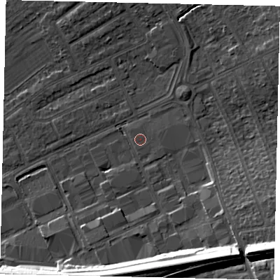 Shaded relief map of the ground around HA40QB, computed from Environment Agency LiDAR. The ground here sits at about 35 m above sea level and falls 16 m across the surrounding 800 m. Surface water reaching this point runs off ground lying to the east-north-east, 0.6 m higher.
