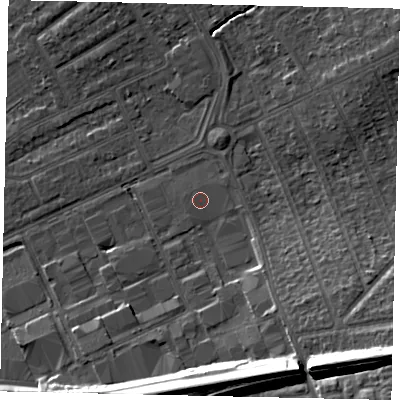 Shaded relief map of the ground around HA40QE, computed from Environment Agency LiDAR. The ground here sits at about 36 m above sea level and falls 16 m across the surrounding 800 m. The ground contributing surface water to this point lies to the east-north-east.