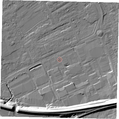 Shaded relief map of the ground around HA40QF, computed from Environment Agency LiDAR. The ground here sits at about 35 m above sea level and falls 16 m across the surrounding 800 m. Surface water reaching this point runs off ground lying to the south-east, 14.5 m higher.