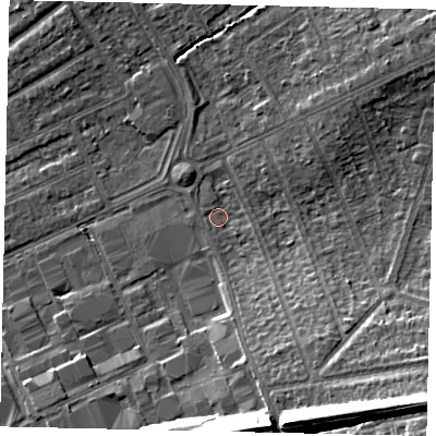 Shaded relief map of the ground around HA40QL, computed from Environment Agency LiDAR. The ground here sits at about 36 m above sea level and falls 17 m across the surrounding 800 m. Surface water reaching this point runs off ground lying to the south-south-east, 6.7 m higher.