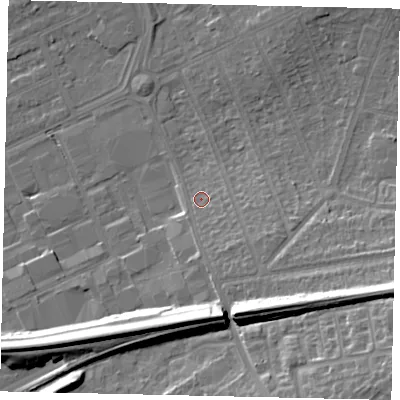 Shaded relief map of the ground around HA40QN, computed from Environment Agency LiDAR. The ground here sits at about 38 m above sea level and falls 19 m across the surrounding 800 m. Surface water reaching this point runs off ground lying to the south-east, 4.7 m higher.