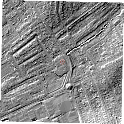 Shaded relief map of the ground around HA40QP, computed from Environment Agency LiDAR. The ground here sits at about 36 m above sea level and falls 8 m across the surrounding 800 m. The ground contributing surface water to this point lies to the north-north-west.