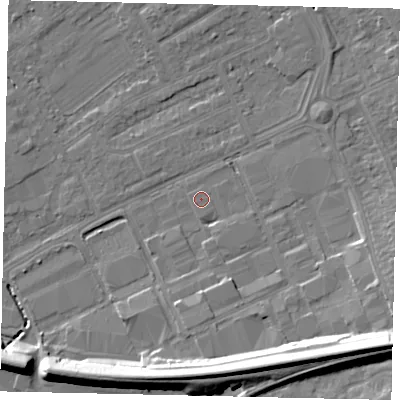 Shaded relief map of the ground around HA40QQ, computed from Environment Agency LiDAR. The ground here sits at about 35 m above sea level and falls 16 m across the surrounding 800 m. Surface water reaching this point runs off ground lying to the south-east, 14.6 m higher.