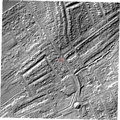 Shaded relief map of the ground around HA40QR, computed from Environment Agency LiDAR. The ground here sits at about 37 m above sea level and falls 9 m across the surrounding 800 m. Surface water reaching this point runs off ground lying to the north-north-west, 2.3 m higher.