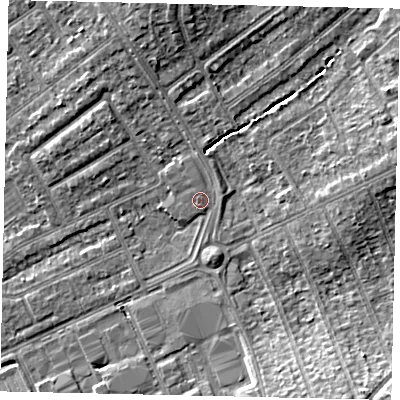 Shaded relief map of the ground around HA40QW, computed from Environment Agency LiDAR. The ground here sits at about 36 m above sea level and falls 8 m across the surrounding 800 m. Surface water reaching this point runs off ground lying to the north-east, 0.7 m higher.