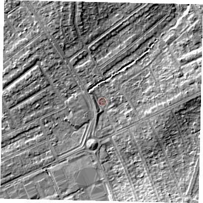 Shaded relief map of the ground around HA40RJ, computed from Environment Agency LiDAR. The ground here sits at about 36 m above sea level and falls 8 m across the surrounding 800 m. Surface water reaching this point runs off ground lying to the north-north-west, 7.1 m higher.
