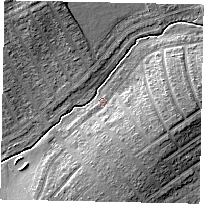 Shaded relief map of the ground around HA40TB, computed from Environment Agency LiDAR. The ground here sits at about 38 m above sea level and falls 11 m across the surrounding 800 m. Surface water reaching this point runs off ground lying to the south-east, 7.3 m higher.