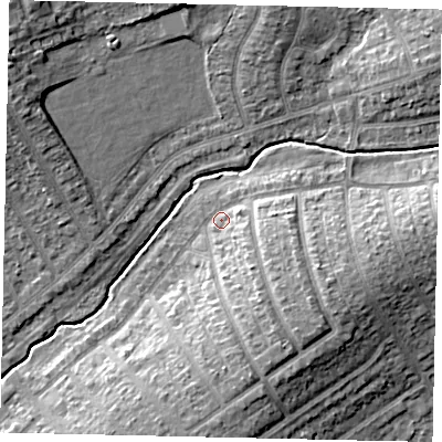 Shaded relief map of the ground around HA40TE, computed from Environment Agency LiDAR. The ground here sits at about 39 m above sea level and falls 11 m across the surrounding 800 m. Surface water reaching this point runs off ground lying to the south-south-east, 7.1 m higher.
