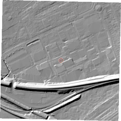 Shaded relief map of the ground around HA40XT, computed from Environment Agency LiDAR. The ground here sits at about 36 m above sea level and falls 16 m across the surrounding 800 m. Surface water reaching this point runs off ground lying to the south, 2.0 m higher.