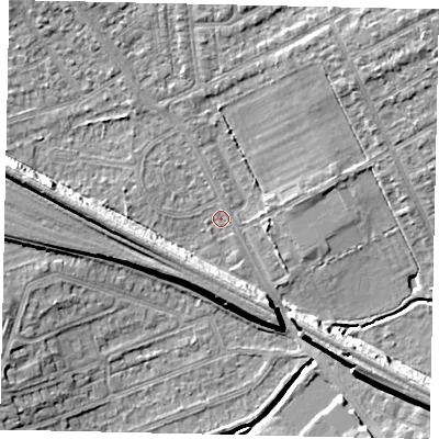 Shaded relief map of the ground around HA46DY, computed from Environment Agency LiDAR. The ground here sits at about 37 m above sea level and falls 10 m across the surrounding 800 m. Surface water reaching this point runs off ground lying to the west-north-west, 7.6 m higher.