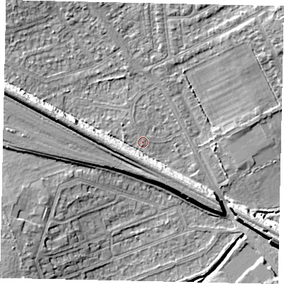 Shaded relief map of the ground around HA46EA, computed from Environment Agency LiDAR. The ground here sits at about 37 m above sea level and falls 10 m across the surrounding 800 m. Surface water reaching this point runs off ground lying to the west, 6.3 m higher.