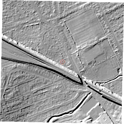 Shaded relief map of the ground around HA46LP, computed from Environment Agency LiDAR. The ground here sits at about 37 m above sea level and falls 10 m across the surrounding 800 m. Surface water reaching this point runs off ground lying to the west-north-west, 7.0 m higher.