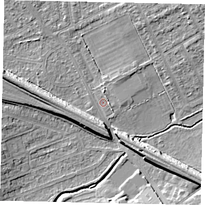 Shaded relief map of the ground around HA46LR, computed from Environment Agency LiDAR. The ground here sits at about 37 m above sea level and falls 10 m across the surrounding 800 m. Surface water reaching this point runs off ground lying to the north-north-east, 4.1 m higher.