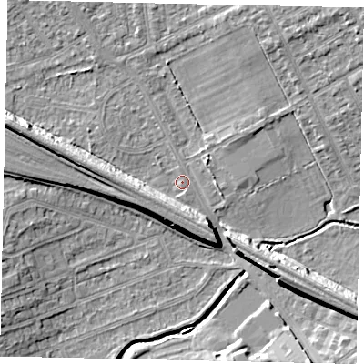 Shaded relief map of the ground around HA46LS, computed from Environment Agency LiDAR. The ground here sits at about 37 m above sea level and falls 10 m across the surrounding 800 m. Surface water reaching this point runs off ground lying to the west-north-west, 7.5 m higher.