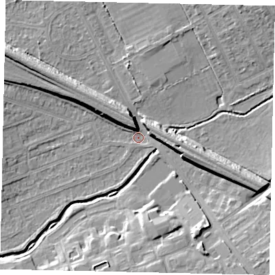 Shaded relief map of the ground around HA46LT, computed from Environment Agency LiDAR. The ground here sits at about 36 m above sea level and falls 11 m across the surrounding 800 m. Surface water reaching this point runs off ground lying to the west-north-west, 7.7 m higher.