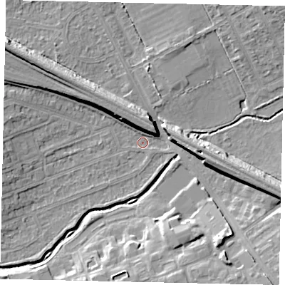 Shaded relief map of the ground around HA46LU, computed from Environment Agency LiDAR. The ground here sits at about 36 m above sea level and falls 11 m across the surrounding 800 m. Surface water reaching this point runs off ground lying to the north-west, 7.7 m higher.