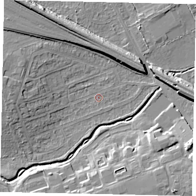 Shaded relief map of the ground around HA46LX, computed from Environment Agency LiDAR. The ground here sits at about 36 m above sea level and falls 11 m across the surrounding 800 m. Surface water reaching this point runs off ground lying to the north-west, 8.4 m higher.