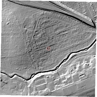 Shaded relief map of the ground around HA46LY, computed from Environment Agency LiDAR. The ground here sits at about 37 m above sea level and falls 10 m across the surrounding 800 m. Surface water reaching this point runs off ground lying to the west-north-west, 3.6 m higher.