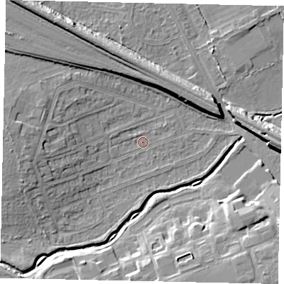 Shaded relief map of the ground around HA46NA, computed from Environment Agency LiDAR. The ground here sits at about 36 m above sea level and falls 11 m across the surrounding 800 m. Surface water reaching this point runs off ground lying to the west, 5.1 m higher.