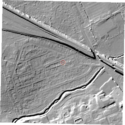 Shaded relief map of the ground around HA46NB, computed from Environment Agency LiDAR. The ground here sits at about 36 m above sea level and falls 11 m across the surrounding 800 m. Surface water reaching this point runs off ground lying to the west, 4.3 m higher.