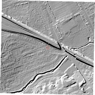 Shaded relief map of the ground around HA46NE, computed from Environment Agency LiDAR. The ground here sits at about 36 m above sea level and falls 11 m across the surrounding 800 m. Surface water reaching this point runs off ground lying to the north-west, 7.8 m higher.