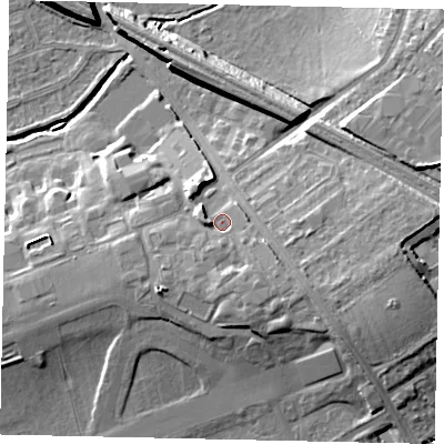 Shaded relief map of the ground around HA46NG, computed from Environment Agency LiDAR. The ground here sits at about 42 m above sea level and falls 11 m across the surrounding 800 m. Surface water reaching this point runs off ground lying to the south-south-east, 2.7 m higher.
