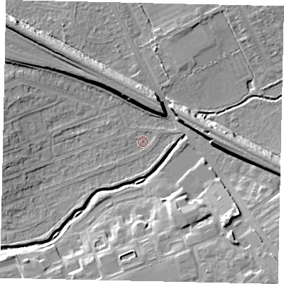 Shaded relief map of the ground around HA46PA, computed from Environment Agency LiDAR. The ground here sits at about 36 m above sea level and falls 11 m across the surrounding 800 m. Surface water reaching this point runs off ground lying to the north-west, 7.7 m higher.