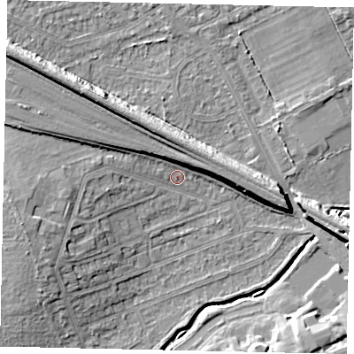 Shaded relief map of the ground around HA46PE, computed from Environment Agency LiDAR. The ground here sits at about 37 m above sea level and falls 11 m across the surrounding 800 m. Surface water reaching this point runs off ground lying to the west-south-west, 5.1 m higher.