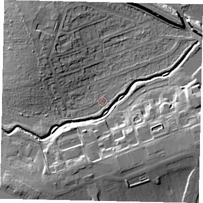 Shaded relief map of the ground around HA46PN, computed from Environment Agency LiDAR. The ground here sits at about 36 m above sea level and falls 10 m across the surrounding 800 m. Surface water reaching this point runs off ground lying to the north-north-east, 7.3 m higher.