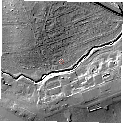 Shaded relief map of the ground around HA46PP, computed from Environment Agency LiDAR. The ground here sits at about 36 m above sea level and falls 10 m across the surrounding 800 m. Surface water reaching this point runs off ground lying to the north-west, 4.6 m higher.