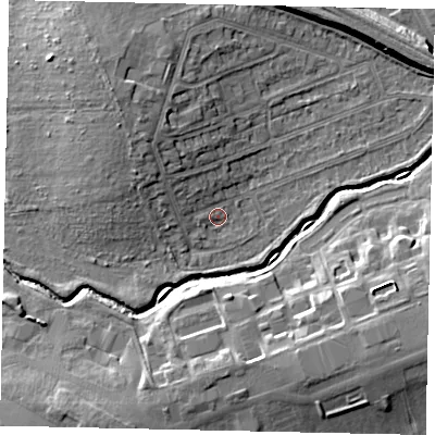 Shaded relief map of the ground around HA46PR, computed from Environment Agency LiDAR. The ground here sits at about 36 m above sea level and falls 10 m across the surrounding 800 m. Surface water reaching this point runs off ground lying to the north-west, 4.6 m higher.