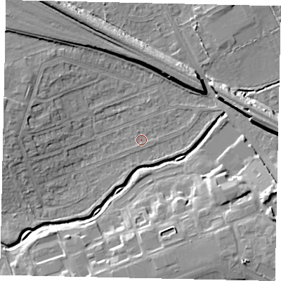 Shaded relief map of the ground around HA46PS, computed from Environment Agency LiDAR. The ground here sits at about 36 m above sea level and falls 11 m across the surrounding 800 m. Surface water reaching this point runs off ground lying to the north-west, 8.1 m higher.