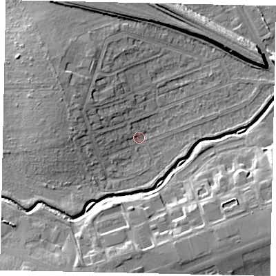 Shaded relief map of the ground around HA46PT, computed from Environment Agency LiDAR. The ground here sits at about 36 m above sea level and falls 10 m across the surrounding 800 m. Surface water reaching this point runs off ground lying to the west-north-west, 4.8 m higher.