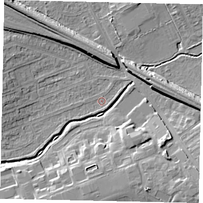 Shaded relief map of the ground around HA46PU, computed from Environment Agency LiDAR. The ground here sits at about 36 m above sea level and falls 11 m across the surrounding 800 m. Surface water reaching this point runs off ground lying to the north-east, 1.1 m higher.