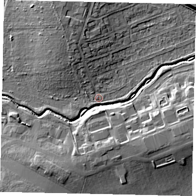 Shaded relief map of the ground around HA46PW, computed from Environment Agency LiDAR. The ground here sits at about 36 m above sea level and falls 9 m across the surrounding 800 m. Surface water reaching this point runs off ground lying to the north-north-west, 6.2 m higher.