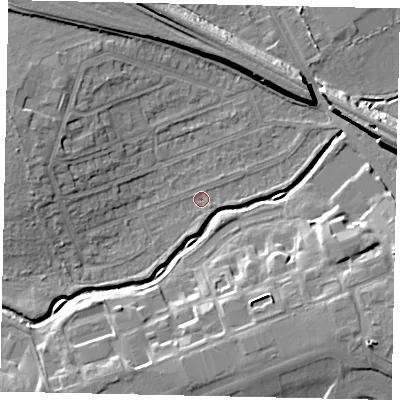 Shaded relief map of the ground around HA46PX, computed from Environment Agency LiDAR. The ground here sits at about 36 m above sea level and falls 10 m across the surrounding 800 m. Surface water reaching this point runs off ground lying to the east-north-east, 1.2 m higher.
