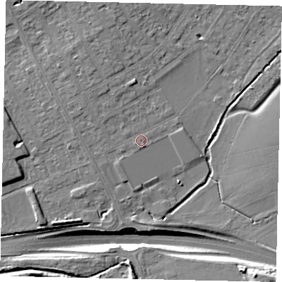 Shaded relief map of the ground around HA46QU, computed from Environment Agency LiDAR. The ground here sits at about 34 m above sea level and falls 14 m across the surrounding 800 m. Surface water reaching this point runs off ground lying to the north-west, 1.8 m higher.
