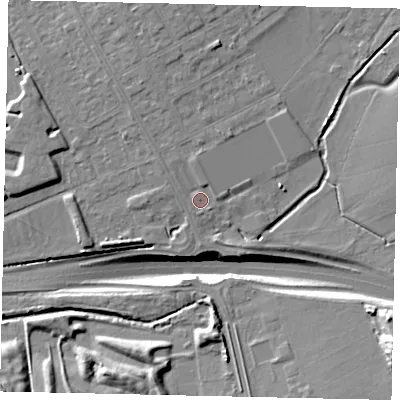 Shaded relief map of the ground around HA46QX, computed from Environment Agency LiDAR. The ground here sits at about 34 m above sea level and falls 15 m across the surrounding 800 m. Surface water reaching this point runs off ground lying to the north, 1.5 m higher.