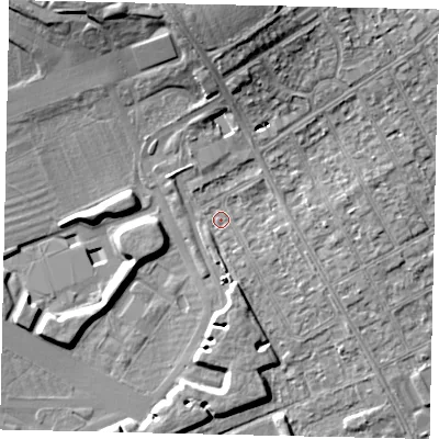 Shaded relief map of the ground around HA46RH, computed from Environment Agency LiDAR. The ground here sits at about 35 m above sea level and falls 12 m across the surrounding 800 m. Surface water reaching this point runs off ground lying to the north, 6.9 m higher.