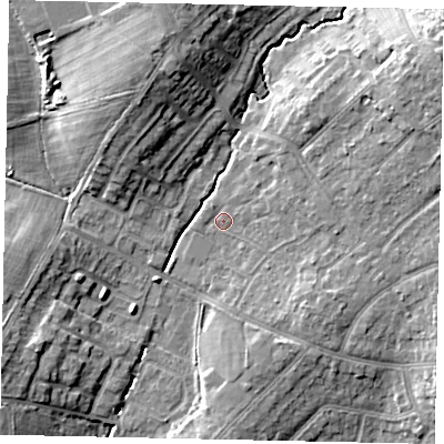 Shaded relief map of the ground around HA47BE, computed from Environment Agency LiDAR. The ground here sits at about 42 m above sea level and falls 15 m across the surrounding 800 m. Surface water reaching this point runs off ground lying to the north-east, 10.7 m higher.