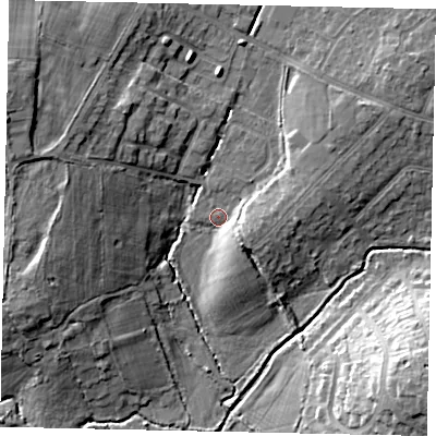 Shaded relief map of the ground around HA47JS, computed from Environment Agency LiDAR. The ground here sits at about 41 m above sea level and falls 16 m across the surrounding 800 m. Surface water reaching this point runs off ground lying to the west-north-west, 13.9 m higher.