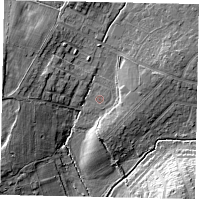 Shaded relief map of the ground around HA47JT, computed from Environment Agency LiDAR. The ground here sits at about 41 m above sea level and falls 15 m across the surrounding 800 m. Surface water reaching this point runs off ground lying to the west, 12.5 m higher.