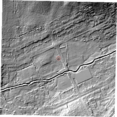 Shaded relief map of the ground around HA47JZ, computed from Environment Agency LiDAR. The ground here sits at about 42 m above sea level and falls 14 m across the surrounding 800 m. Surface water reaching this point runs off ground lying to the north, 1.4 m higher.