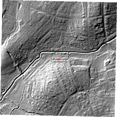 Shaded relief map of the ground around HA47LP, computed from Environment Agency LiDAR. The ground here sits at about 41 m above sea level and falls 16 m across the surrounding 800 m. Surface water reaching this point runs off ground lying to the south, 12.1 m higher.