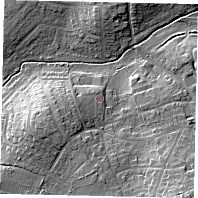 Shaded relief map of the ground around HA47LW, computed from Environment Agency LiDAR. The ground here sits at about 45 m above sea level and falls 19 m across the surrounding 800 m. Surface water reaching this point runs off ground lying to the south-west, 5.2 m higher.